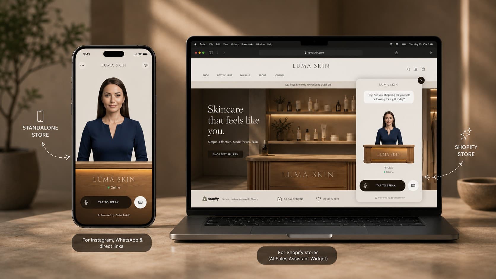 SellerTwin standalone on mobile and Shopify widget on desktop